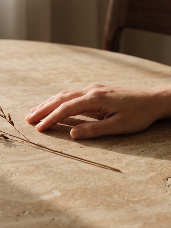 A hand resting on a travertine table beside a stem of dried grass